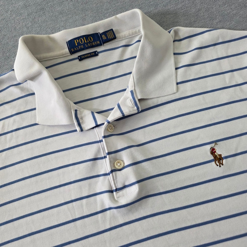 Polo Ralph Lauren Mens XL Classic Fit Striped Short Sleeve Polo Shirt White Blue